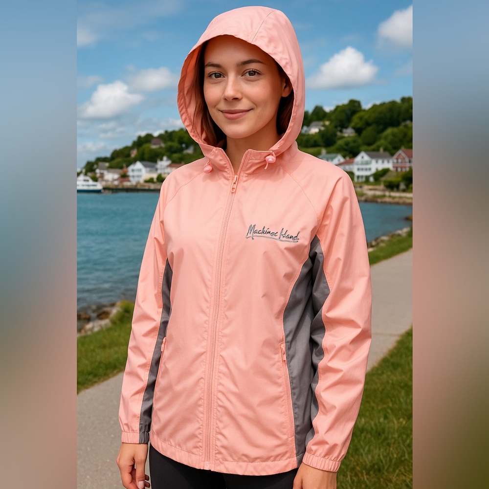 Mackinac Island Hooded Windbreaker Jacket Pink Gray Mesh Lined Women’s S